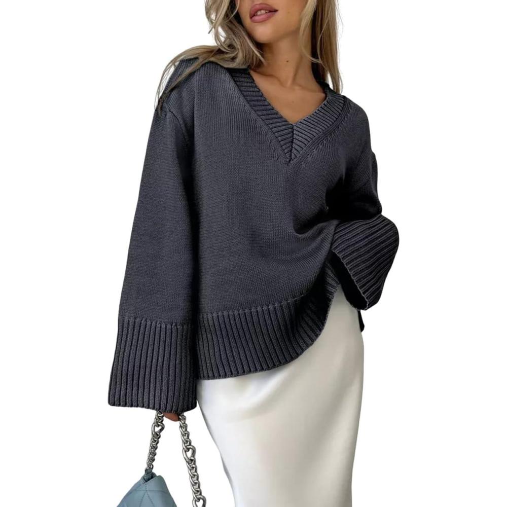 imageTanming Womens Sweater Long Sleeve V Neck Casual Jumper Tops Knitted Comfy Loose Pullover SweaterGrey