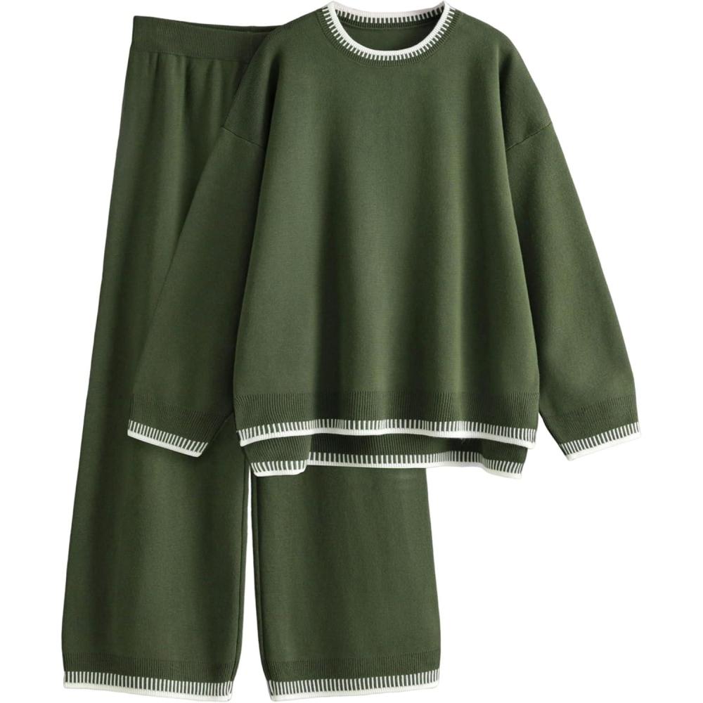 imageTanming Womens Sweater Sets 2 Piece Outfits Knitted Pullover Jumper and Wide Leg Pants TracksuitArmy Green