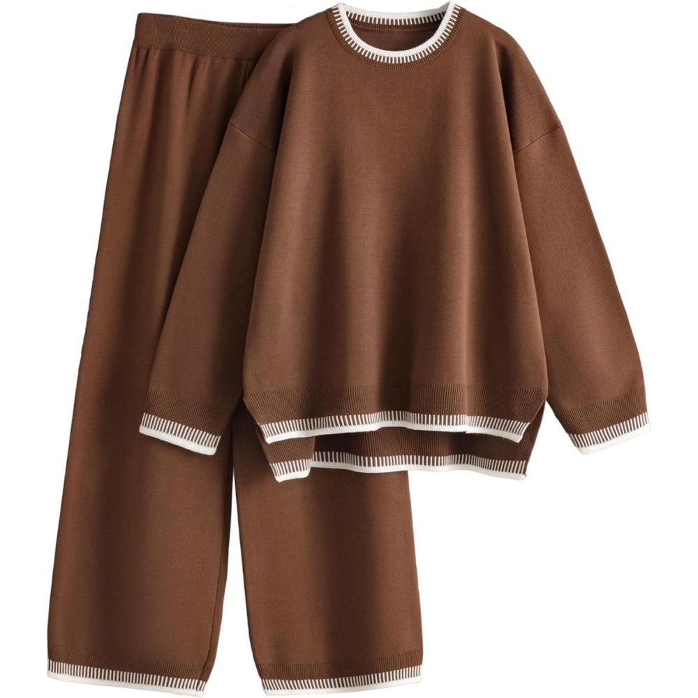 imageTanming Womens Sweater Sets 2 Piece Outfits Knitted Pullover Jumper and Wide Leg Pants TracksuitDark Brown
