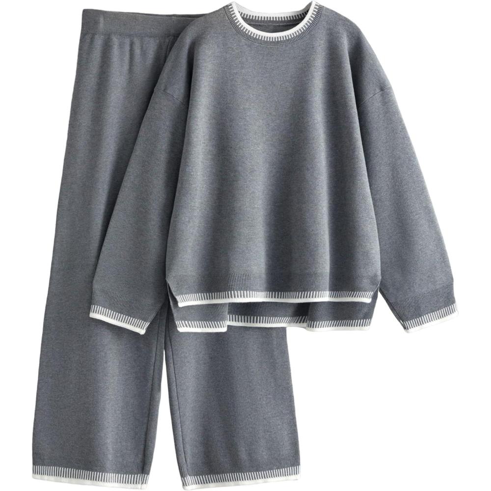 imageTanming Womens Sweater Sets 2 Piece Outfits Knitted Pullover Jumper and Wide Leg Pants TracksuitGrey