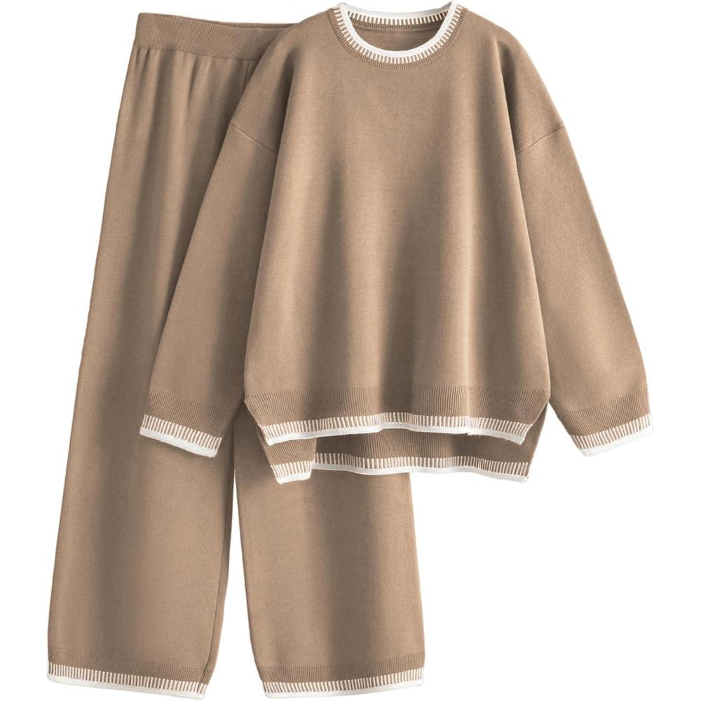 imageTanming Womens Sweater Sets 2 Piece Outfits Knitted Pullover Jumper and Wide Leg Pants TracksuitKhaki