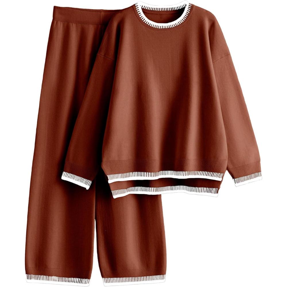 imageTanming Womens Sweater Sets 2 Piece Outfits Knitted Pullover Jumper and Wide Leg Pants TracksuitRust