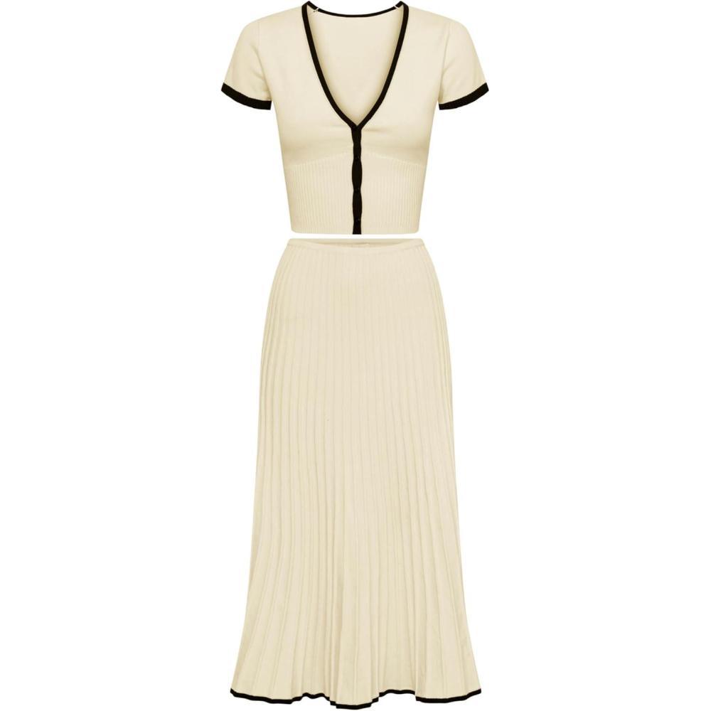imageTanming Womens Two Piece Skirt Set Casual Short Sleeve Crop Top Ribbed Knit Midi Pleated SkirtBeige