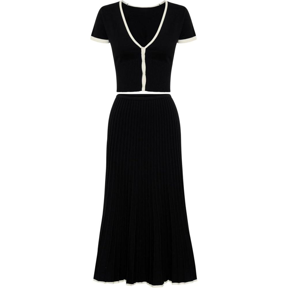 imageTanming Womens Two Piece Skirt Set Casual Short Sleeve Crop Top Ribbed Knit Midi Pleated SkirtBlack