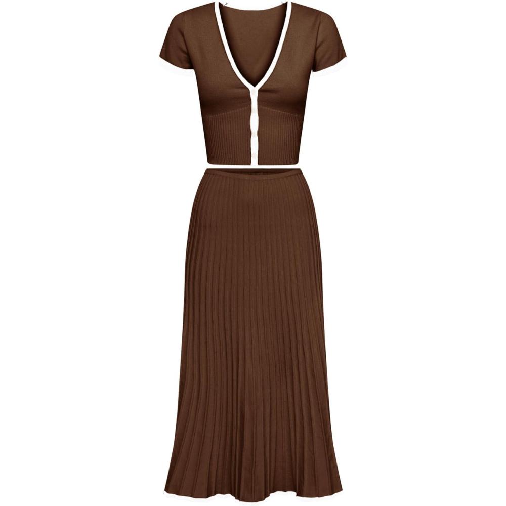 imageTanming Womens Two Piece Skirt Set Casual Short Sleeve Crop Top Ribbed Knit Midi Pleated SkirtBrown