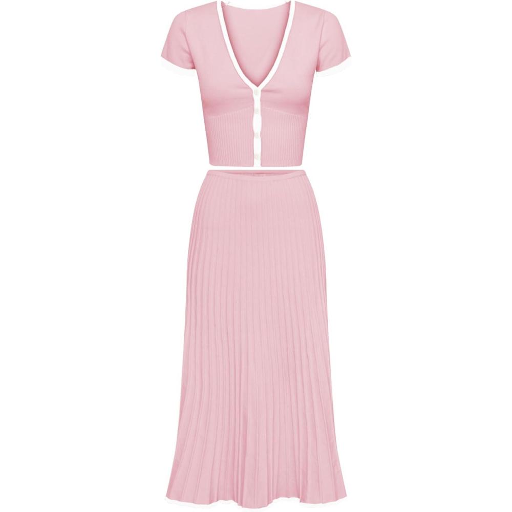 imageTanming Womens Two Piece Skirt Set Casual Short Sleeve Crop Top Ribbed Knit Midi Pleated SkirtPink