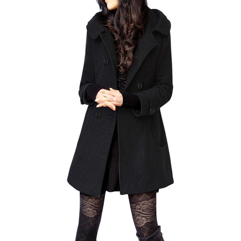 imageTanming Womens Warm Double Breasted Wool Pea Coat Trench Coat Jacket with HoodBlack