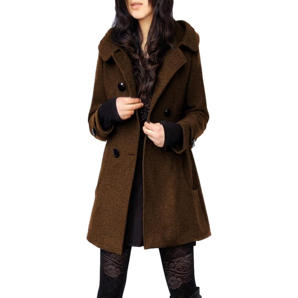 imageTanming Womens Warm Double Breasted Wool Pea Coat Trench Coat Jacket with HoodBrown