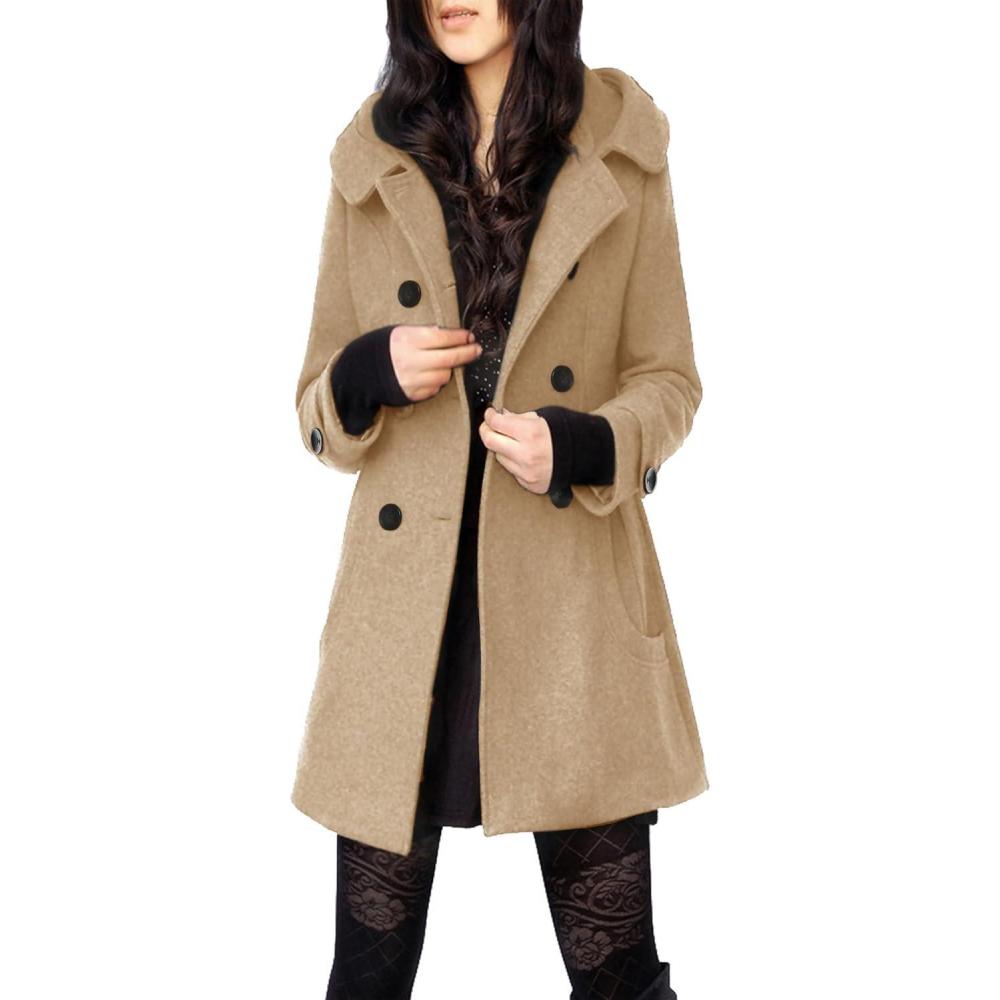 imageTanming Womens Warm Double Breasted Wool Pea Coat Trench Coat Jacket with HoodKhaki