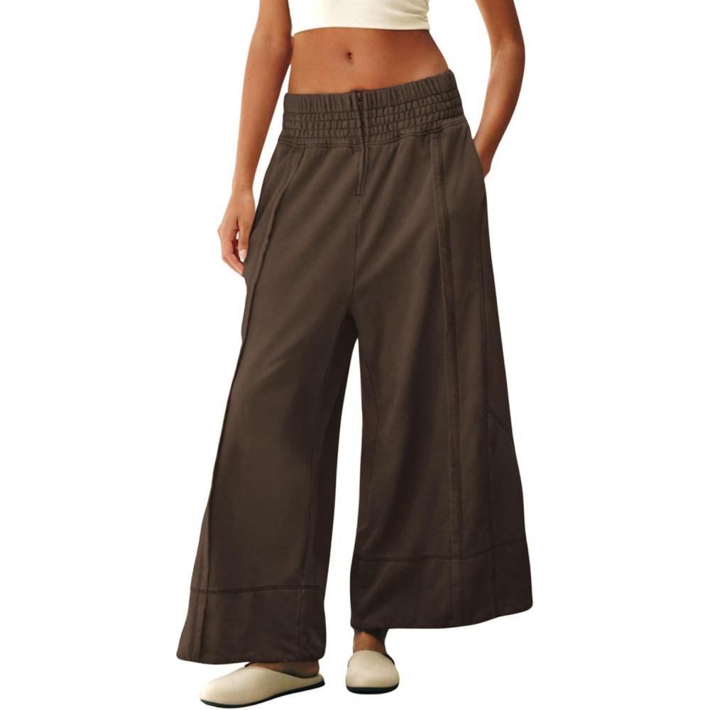 imageTanming Womens Wide Leg Pants Casual Elastic High Waisted Palazzo Pant Loose Cotton Sweatpants with PocketsCoffee