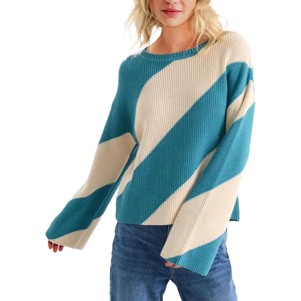 imageTanming Womens Wide Striped Sweater Oversized Color Block Crew Neck Loose Sleeves Fall Knit Pullover TopsBlue