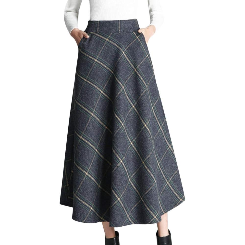imageTanming Womens Winter Warm Elastic Waist Wool Plaid ALine Pleated Long SkirtBlue Grey