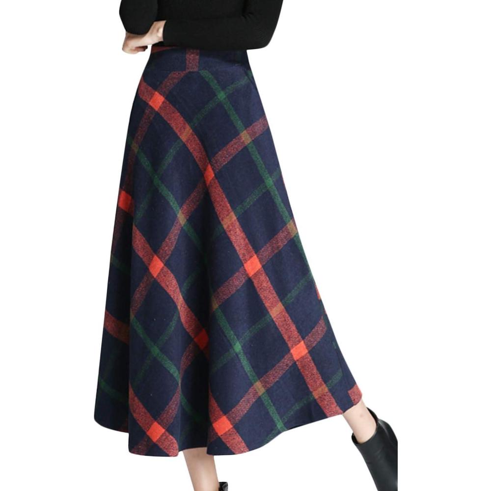 imageTanming Womens Winter Warm Elastic Waist Wool Plaid ALine Pleated Long SkirtDark Blue