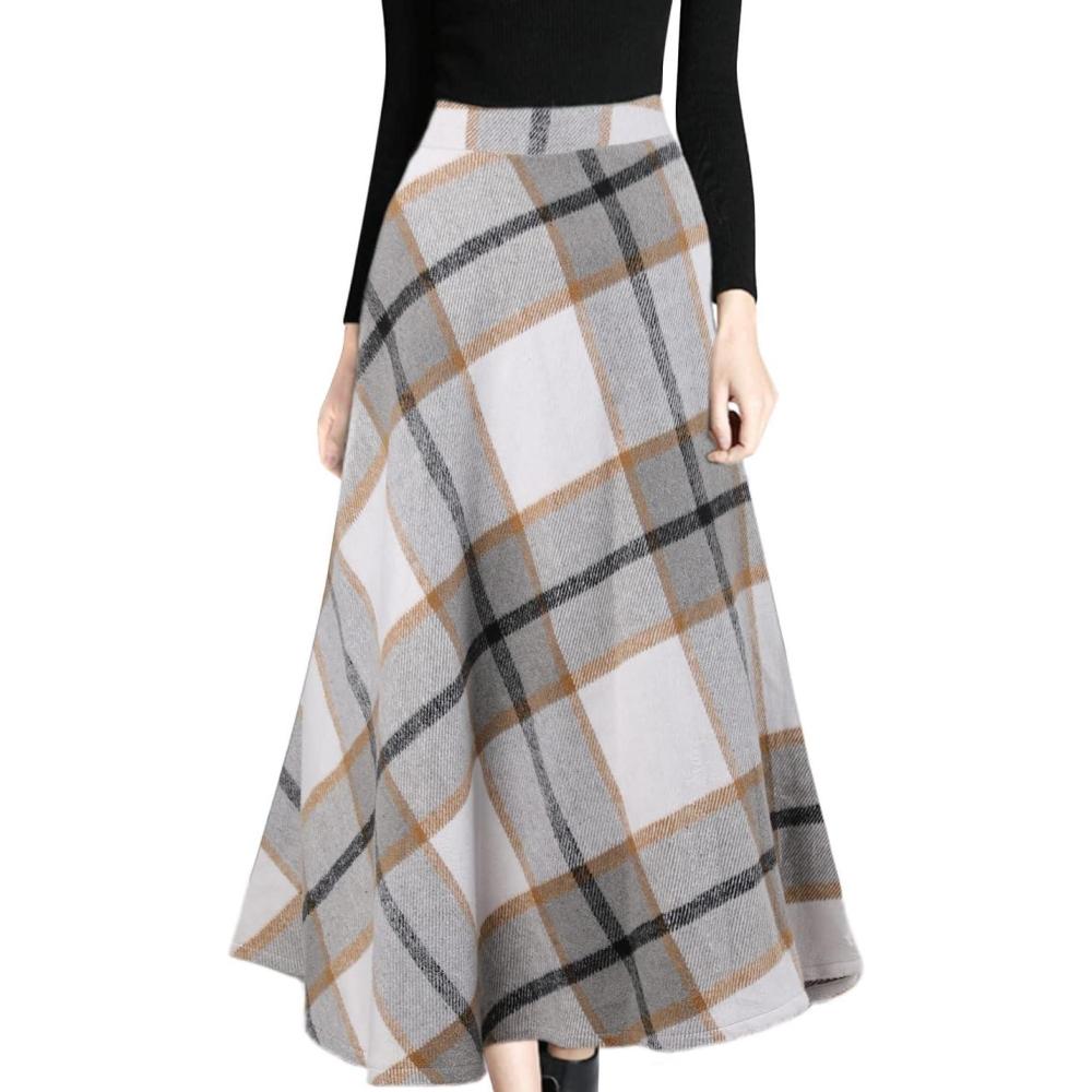 imageTanming Womens Winter Warm Elastic Waist Wool Plaid ALine Pleated Long SkirtLight Grey