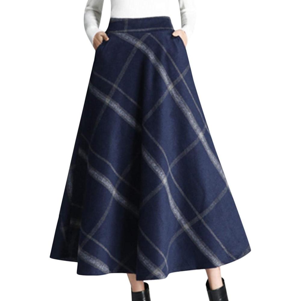imageTanming Womens Winter Warm Elastic Waist Wool Plaid ALine Pleated Long SkirtNavy Blue