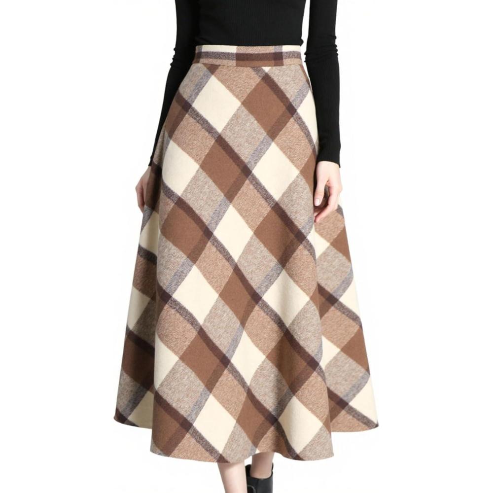 imageTanming Womens Winter Warm Elastic Waist Wool Plaid ALine Pleated Long SkirtPlaid Brown