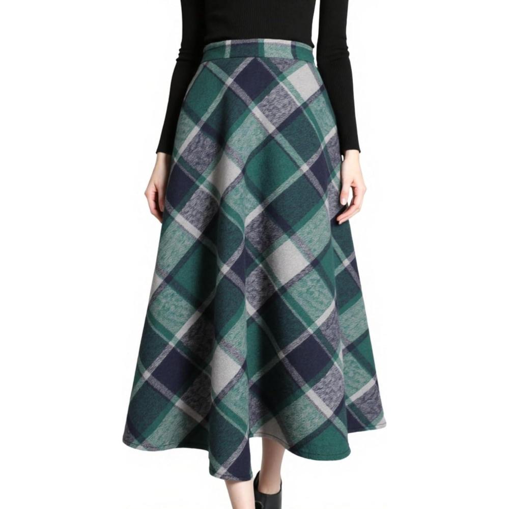 imageTanming Womens Winter Warm Elastic Waist Wool Plaid ALine Pleated Long SkirtPlaid Green