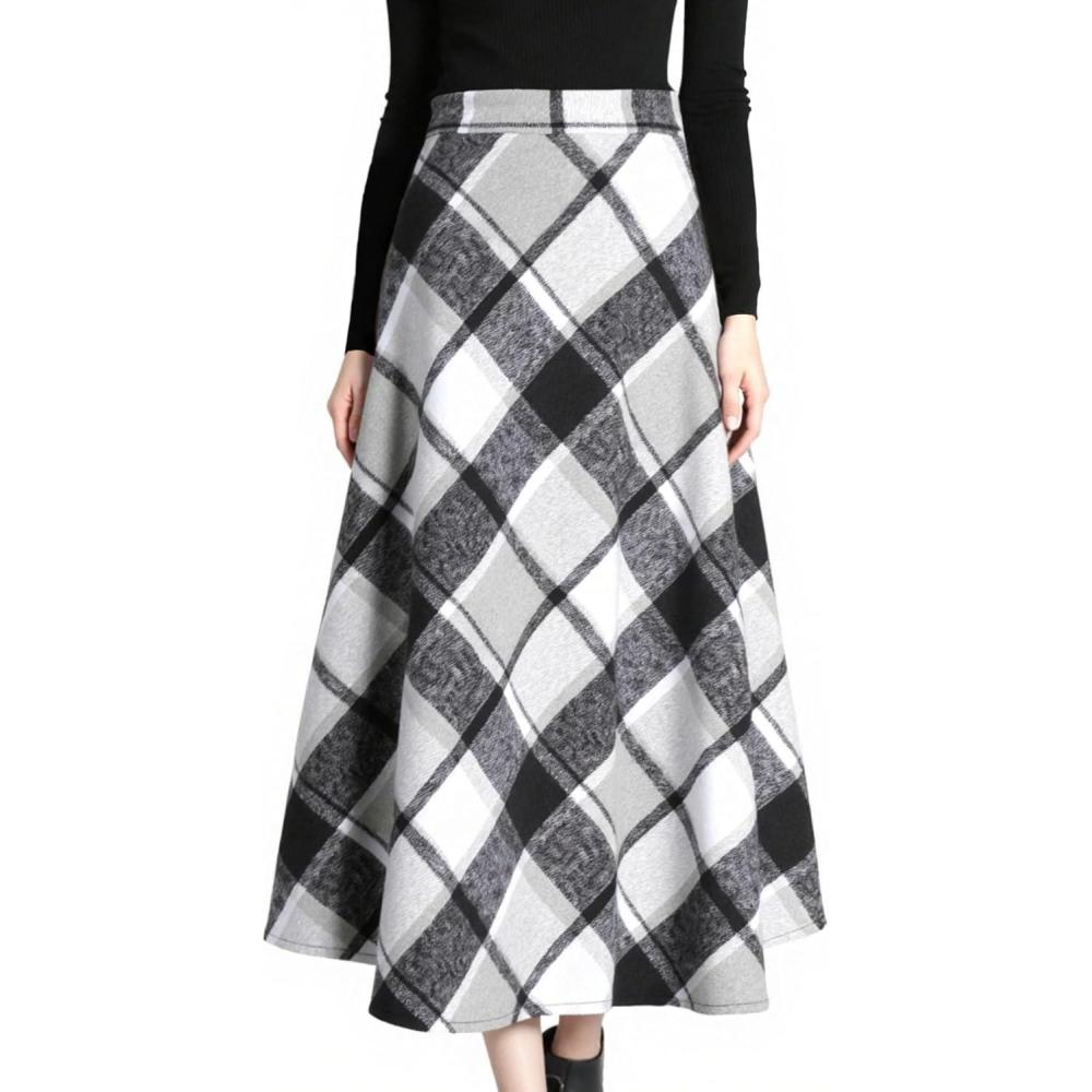 imageTanming Womens Winter Warm Elastic Waist Wool Plaid ALine Pleated Long SkirtPlaid Grey