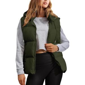 Tanming Black Puffer Vest Women Zip Up Lightweight Sleeveless Winter Outerwear Vests with Hood(Army Green)