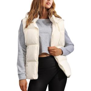 Tanming Black Puffer Vest Women Zip Up Lightweight Sleeveless Winter Outerwear Vests with Hood(Beige)