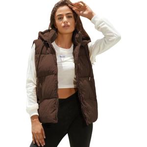 Tanming Black Puffer Vest Women Zip Up Lightweight Sleeveless Winter Outerwear Vests with Hood(Brown)