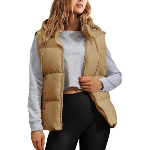 Tanming Black Puffer Vest Women Zip Up Lightweight Sleeveless Winter Outerwear Vests with Hood(Khaki)