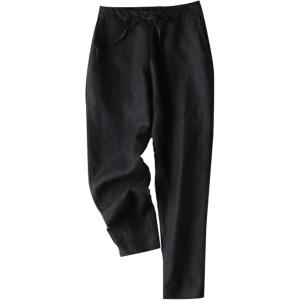 Tanming Linen Pants for Women Summer Casual High Waisted Drawstring White Beach Pant(Black03)