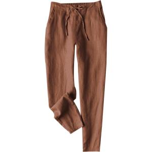 Tanming Linen Pants for Women Summer Casual High Waisted Drawstring White Beach Pant(Rust)