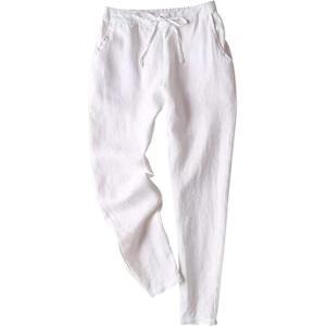 Tanming Linen Pants for Women Summer Casual High Waisted Drawstring White Beach Pant(White)