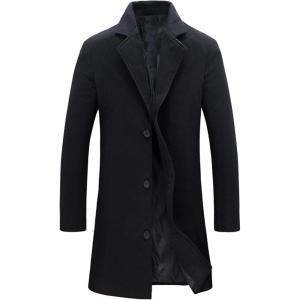 Tanming Mens Black Trench Coat Notched Lapel Single Breasted Long Peacoat Overcoat(Black)