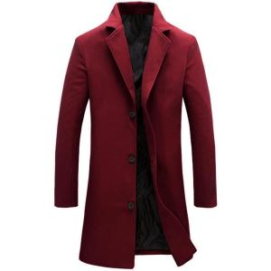 Tanming Mens Black Trench Coat Notched Lapel Single Breasted Long Peacoat Overcoat(Red)