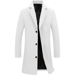 Tanming Mens Black Trench Coat Notched Lapel Single Breasted Long Peacoat Overcoat(White)