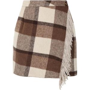 Tanming Plaid Skirts for Women High Waist Bodycon Pencil Fringe Mini Skirts Fall Winter Wool Wrap Skirt(Brown)