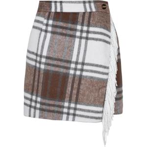 Tanming Plaid Skirts for Women High Waist Bodycon Pencil Fringe Mini Skirts Fall Winter Wool Wrap Skirt(Coffee)