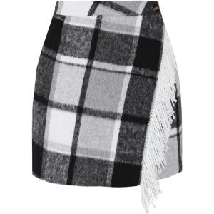 Tanming Plaid Skirts for Women High Waist Bodycon Pencil Fringe Mini Skirts Fall Winter Wool Wrap Skirt(Grey)