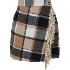 Tanming Plaid Skirts for Women High Waist Bodycon Pencil Fringe Mini Skirts Fall Winter Wool Wrap Skirt(Khaki)
