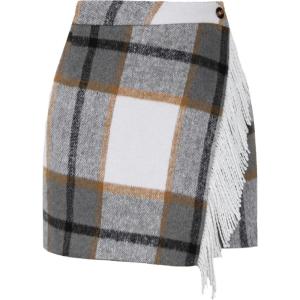 Tanming Plaid Skirts for Women High Waist Bodycon Pencil Fringe Mini Skirts Fall Winter Wool Wrap Skirt(Light Grey)