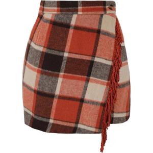Tanming Plaid Skirts for Women High Waist Bodycon Pencil Fringe Mini Skirts Fall Winter Wool Wrap Skirt(Orange)