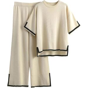 Tanming Sweater Sets Women 2 Piece Lounge Sets Short Sleeve Knit Pullover Tops Wide Leg Pants(Apricot)