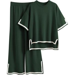 Tanming Sweater Sets Women 2 Piece Lounge Sets Short Sleeve Knit Pullover Tops Wide Leg Pants(Army Green)