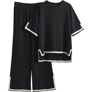 Tanming Sweater Sets Women 2 Piece Lounge Sets Short Sleeve Knit Pullover Tops Wide Leg Pants(Black)