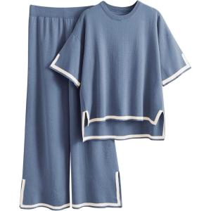 Tanming Sweater Sets Women 2 Piece Lounge Sets Short Sleeve Knit Pullover Tops Wide Leg Pants(Blue)