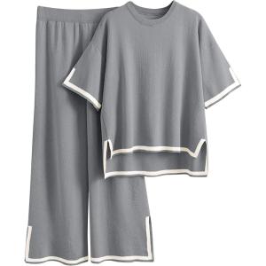 Tanming Sweater Sets Women 2 Piece Lounge Sets Short Sleeve Knit Pullover Tops Wide Leg Pants(Grey)