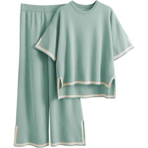 Tanming Sweater Sets Women 2 Piece Lounge Sets Short Sleeve Knit Pullover Tops Wide Leg Pants(Grey Green)
