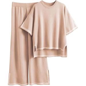 Tanming Sweater Sets Women 2 Piece Lounge Sets Short Sleeve Knit Pullover Tops Wide Leg Pants(Khaki)