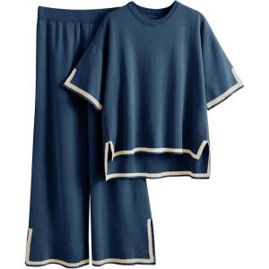 Tanming Sweater Sets Women 2 Piece Lounge Sets Short Sleeve Knit Pullover Tops Wide Leg Pants(Navy)