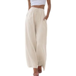 Tanming Wide Leg Linen Pants for Women Summer Flowy High Waisted Beach Palazzo Trousers(Apricot)