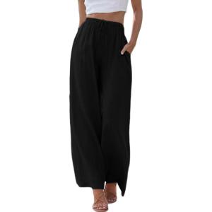 Tanming Wide Leg Linen Pants for Women Summer Flowy High Waisted Beach Palazzo Trousers(Black)