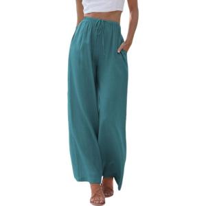Tanming Wide Leg Linen Pants for Women Summer Flowy High Waisted Beach Palazzo Trousers(Blue)