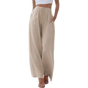 Tanming Wide Leg Linen Pants for Women Summer Flowy High Waisted Beach Palazzo Trousers(Khaki)